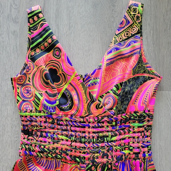 Vintage 70s 80s Vibrant Print Genie Artsy Multicolor Wide Leg Jumpsuit Sz Small - Picture 4 of 16